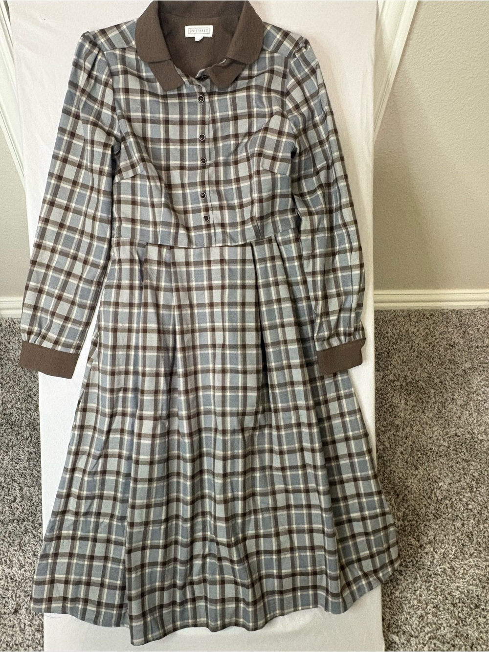 Plaid Long-Sleeve Dress with Brown Trim